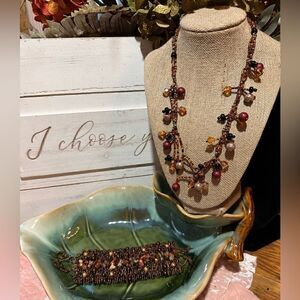 Gorgeous Handcrafted Brown Tone Glass & Gemstone Beaded Necklace & Mesh Bracelet